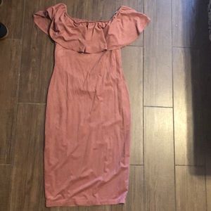 Suede bodycon off the shoulder dress